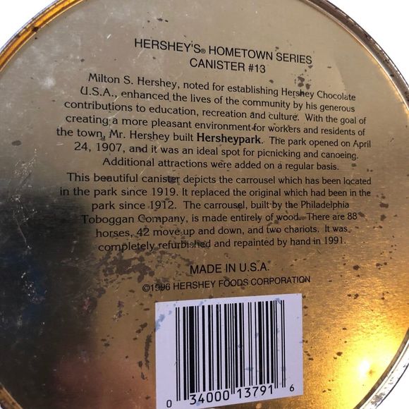 Vintage 1996 Hershey Park Carousel Collectible Tin, Hometown Series Cannister 13 - Picture 7 of 10